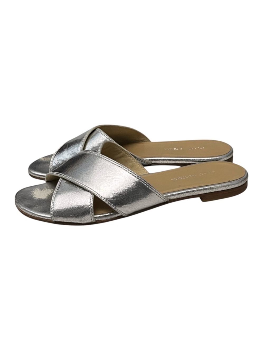Stuart Weitzman Byway Slides Silver Metallic Leather Flat Sandals 7 - Picture 4 of 13